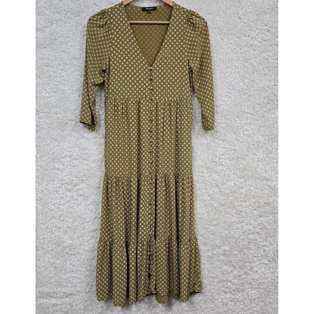 Madewell Women's Tiered Floral‎ Midi Dress Size 0 Olive Viscose Boho Cottagecore
